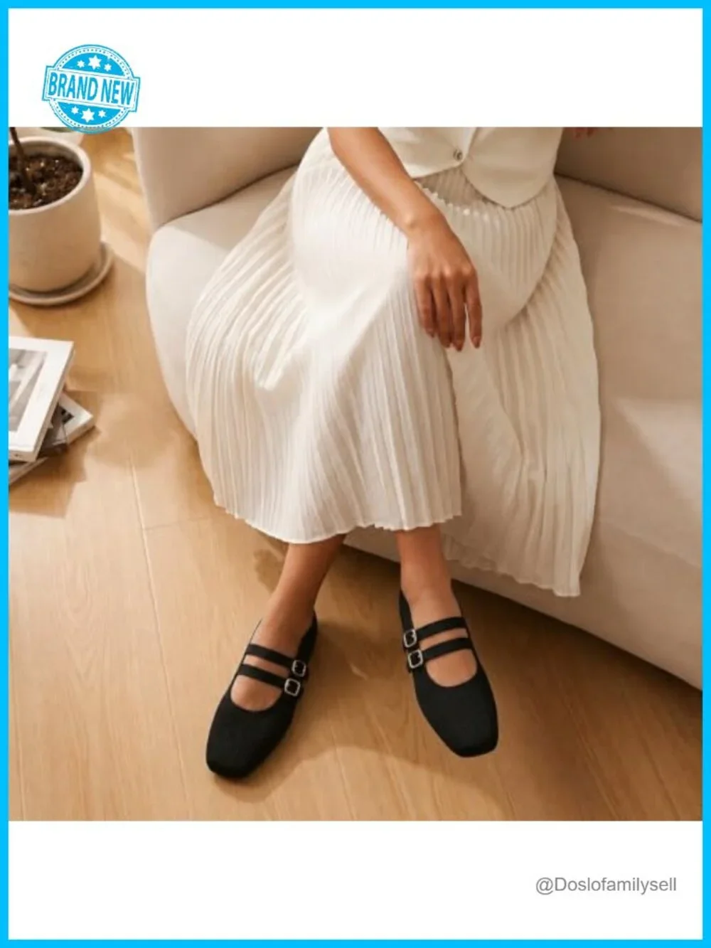 Knit Square Toe Mary Jane Ballet Flats Double Strap Women's Comfort Shoes